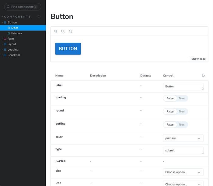 The button component in Storybook