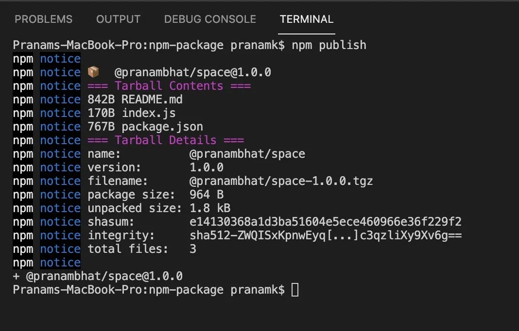 The npm publish output (yes, I got it from the web)
