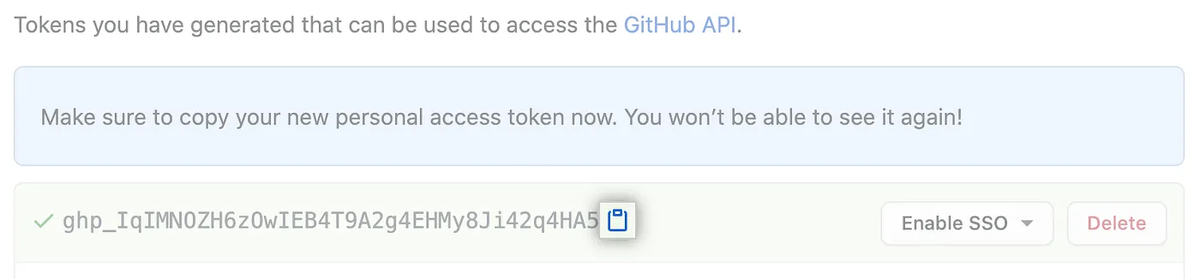 The generated personal access token